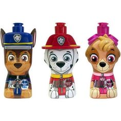 three fireman dogs are in the shape of toy figures, one is wearing a helmet