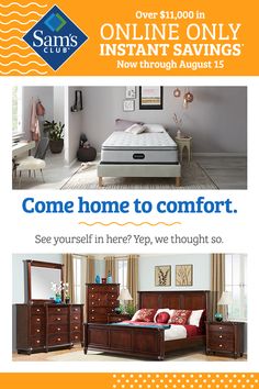 a flyer for a mattress store with an image of a bed, dresser and mirror