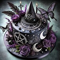 a witches hat cake with purple flowers and butterflies on the top, surrounded by candles