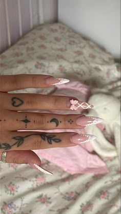 Kawaii Inspired Nails, Princess Nails Almond, Simple Medium Almond Nails, Croquette Nails Almond, Ballerina Core Nails, Pink Coquette Nails Almond, Long Almond Nails Inspo Aesthetic, Coquette Stiletto Nails, Girly Stiletto Nails