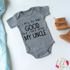 I try to be good but I take after my Uncle. I love this funny saying for a boys tshirt. So true for my boys, how about yours?  Use your Cricut or Silhouette cutting machine to create fun gifts that your kids and their uncle will love!! Want Uncles name included?? Message me for a custom listing This is an instant download Digital file. NO PHYSICAL PRODUCT will be shipped. Once payment is completed the digital files with be available for download. An email will be sent to your email registered wi Funcle Svg, Uncle Svg, Kids Shirt Svg, Boys Tshirt, Funny Baby Clothes, Svg Kids, My Uncle