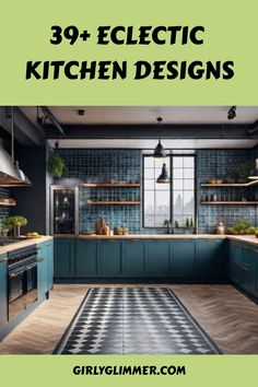 39+ eclectic kitchen designs in a modern kitchen with blue cabinets and black-and-white patterned floor. Funky Kitchen Decor