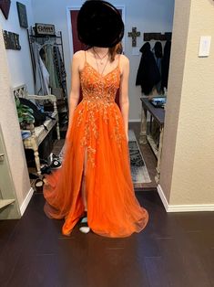 prom dress size 2, beautiful orange custom made with sewn on beads and rhineston A Line Prom Dresses, Red Formal Dress, Prom Dress, Sleeveless Formal Dress, Custom Made, Prom Dresses, Size 2, Prom, Formal Dresses