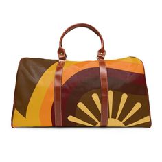 "70's Retro Travel Bag, Rising Sun, Groovy, Orange, Brown, Yellow, Hippie, Mid Mod Weekend Travel Bag This personalized travel bag is all about style. Made with high-grade waterproof fabric, it's a highly durable means of transferring your essentials wherever you go. With multiple compartments, a resilient carrying handle, and an adjustable shoulder strap, it's the perfect companion for all your adventures. It's about time to hit the road. Travel in style. This bag also makes for a unique new Mo Personalized Travel Bag, Weekend Travel, Mid Mod, 70s Retro, Rising Sun, Soft Bristle Brush, Overnight Bag, Weekend Trips, Orange Brown