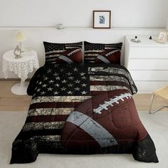 a football themed comforter set with american flag and stars on the side, in a bedroom