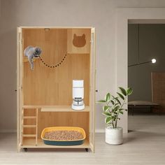 a cat sitting on top of a wooden shelf next to a dog bowl and food dispenser