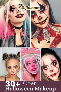 Women Halloween Face Paint, Scary Clown Women Costume, Make Your Own Clown Costume, Circus Misfit Makeup, Kid Scary Clown Makeup, Womens Halloween Face Makeup, Scary Clown Face Makeup, How To Do Clown Makeup Easy, Scary Ring Master Makeup