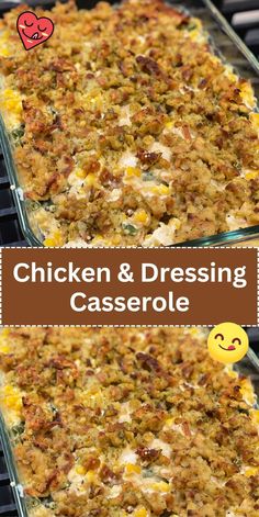 chicken and dressing casserole is shown in two pans with the same topping