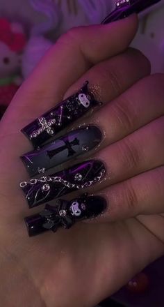 Emo Acrylic Nails, Black Junk Nails, Junk Nails, Grunge Nails, Colored Acrylic Nails