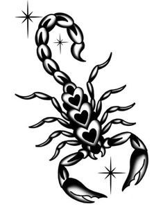 a black and white drawing of a scorpion with hearts on it's back legs