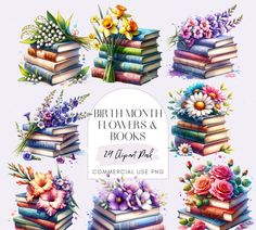 a bunch of books with flowers on them and the words, birthday flowers and books