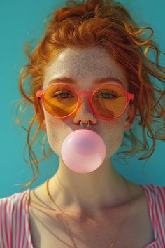 a woman with red hair and glasses blowing a bubble into her mouth while wearing pink sunglasses