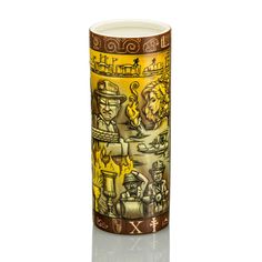 a yellow and brown glass with an image of people in the city on it's side