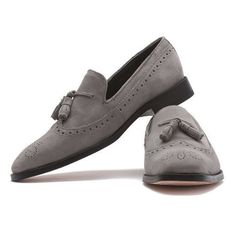 Stylish Handmade Men's Gray Suede Brogue Tassel Loafer, Men Dress Formal Shoes on Storenvy Wingtip Leather Shoes With Tassels, Leather Wingtip Oxfords With Tassels, Business Wingtip Dress Shoes With Tassels, Suede Tassel Loafers With Brogue Detailing For Galas, Wingtip Suede Tassel Loafers For Formal Occasions, Suede Wingtip Tassel Loafers For Formal Occasions, Elegant Suede Wingtip Tassel Loafers, Wingtip Tassel Loafers With Brogue Detailing For Business, Semi-formal Wingtip Tassel Loafers With Brogue Detailing