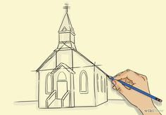 a hand drawing a church with a pencil