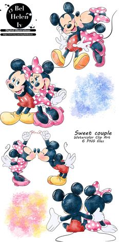 two mickey and minnie mouses in different poses, with the same color scheme on them