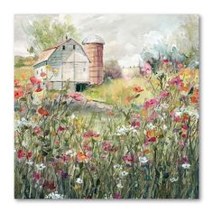 an oil painting of a farm with flowers in the foreground and a silo in the background