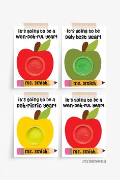 four magnets with different words on them and an apple in the middle one says it's going to be a teacher