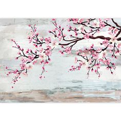 an abstract painting with pink flowers on a white wood paneled wall behind it is a tree branch in the foreground