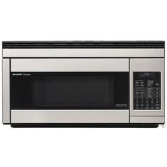 a stainless steel microwave oven with the door open and black trim on it's side