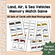 land, air, & sea vehicles memory match game for kids to play with real photographs