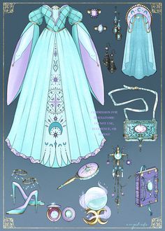 a paper doll's dress and accessories are shown