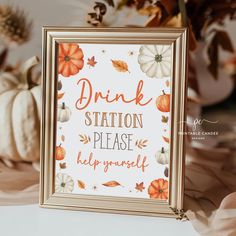 a framed sign that says drink station please help yourself with pumpkins and gourds