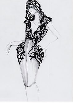 a black and white drawing of a woman wearing a dress with an intricate design on it