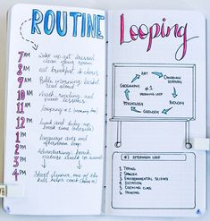 an open notebook with doodles and writing on the pages, along with instructions for how to do routine