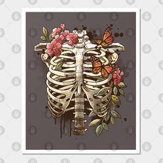 a drawing of a skeleton with flowers and butterflies on it's chest, in front of a black background