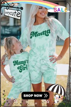 Mama Tie-dye Print T Shirt and Shorts Set White Relaxed Fit Matching Set Tops, Spring Tie Dye T-shirt For Loungewear, Family Matching T-shirt For Summer Loungewear, Family Matching Summer Loungewear T-shirt, Green Cotton Crew Neck Sets, Matching Spring Loungewear Tops, Green Matching Set Tops For Spring, Spring Loungewear Matching Tops, Casual Tie Dye Sets For Spring