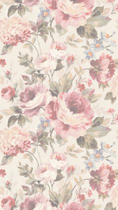 a floral wallpaper with pink flowers and green leaves