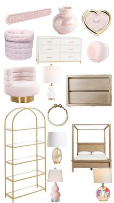 a collage of pink and gold furniture, including a bed, dresser, mirror, lamp