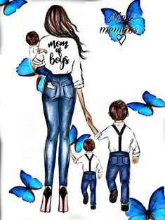 a woman and two children are walking with blue butterflies flying around their shoulders, the mother is holding her son's hand