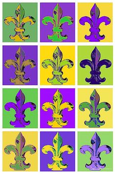 an image of fleur de lis in different colors on white paper with green, yellow and purple squares