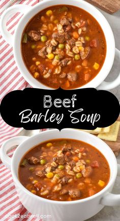 two white bowls filled with beef barley soup on top of a red and white towel