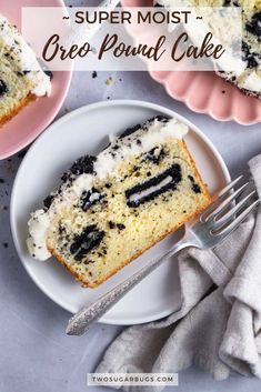 a piece of cake on a plate with a fork next to it and another slice in the background