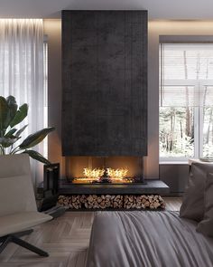 a bedroom with a fireplace in the corner