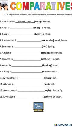 the worksheet for comparing different types of comparatives in english and spanish