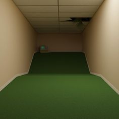 an empty hallway with a green carpet and ceiling fan in the corner next to it