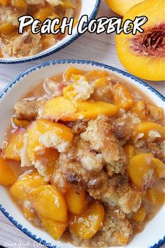 peach cobbler in a bowl on a table with two slices of peaches next to it