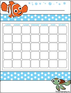 a printable calendar with an orange fish and blue polka dot border on the side