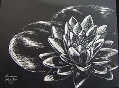 a black and white drawing of a flower with water lilies in the background on a piece of paper