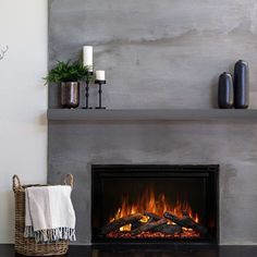 a fireplace with a fire burning in it