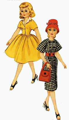 two women in dresses and purses, one is wearing a red hat the other has a black and white checkered dress