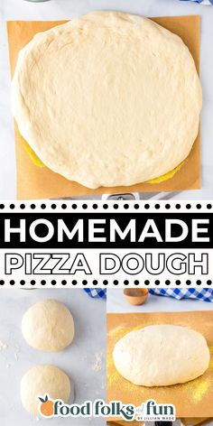 homemade pizza dough is sitting on a piece of parchment paper