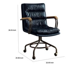 a black leather office chair with casteors and wheels, measurements for the seat height