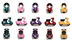 pixel art style cars and scooters with different colors, shapes and sizes on them