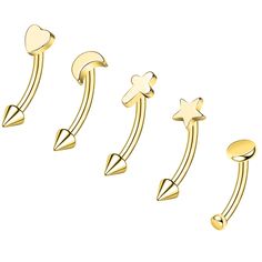 four different types of gold nose piercings with stars and hearts on each one side