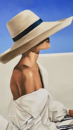 a painting of a woman wearing a white hat